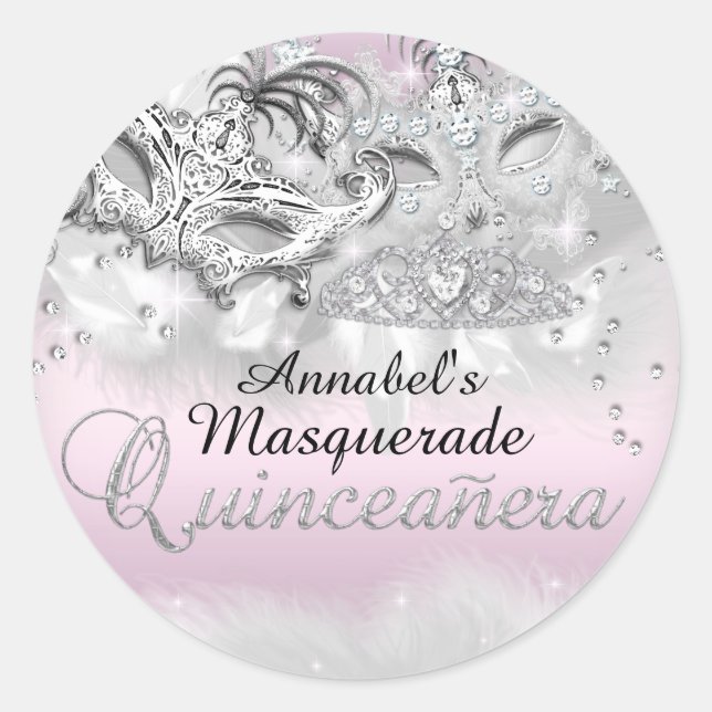 Adesivo Mascarada de Quinceanera Silver Sparkle Rosa (Frente)