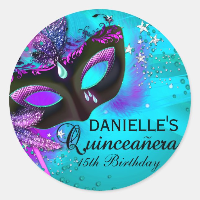 Adesivo Mascarada Teal & Purple Quinceanera Sticker (Frente)