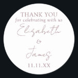 Adesivo Mauve Elegant Script Wedding Obrigado<br><div class="desc">Este mauve minimalista obrigado de casamento elegante que você cola pode ser personalizado com suas informações em tipografia moderna. Projetado por Thisnotme©</div>