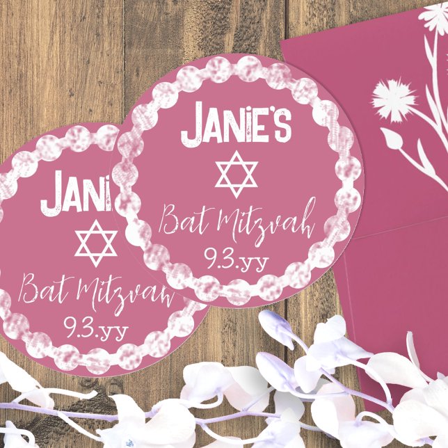 Adesivo Mauve Pink Bat Mitzvah Personalizado (round pink mauve red burgundy bat mitzvah party favor stickers personalized labels girls birthday)