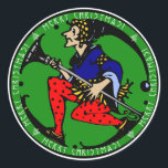 Adesivo Maxfield Parrish-y Christmas Elf<br><div class="desc">Decorre seus envelopes, pacotes de presentes e muito mais com IconDoÉ a variação original de um personagem clássico de Maxfield Parrish de 1920 com leggings de bolinhas Vermelha e negra de Papai Noel pancho azul de cobalto contra um fundo verde rico e rodeado com a frase repetida "Feliz Natal!". Escolher...</div>