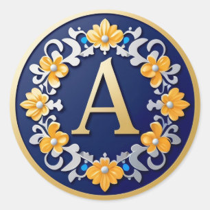 Adesivo Medalha de Letra A Dourada Elegante com Coroa Flor