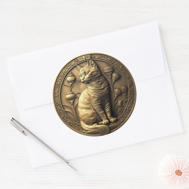 Adesivo Medalhão de Gatos Dourados Sentados (Envelope)