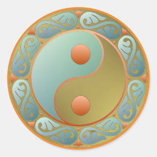 Adesivo Medalhão Dourado Yin Yang Turquesa