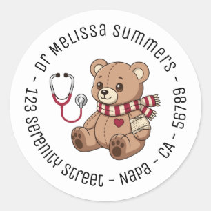 Adesivo Médico de Urso de Pelúcia Pediatra Texto Redondo