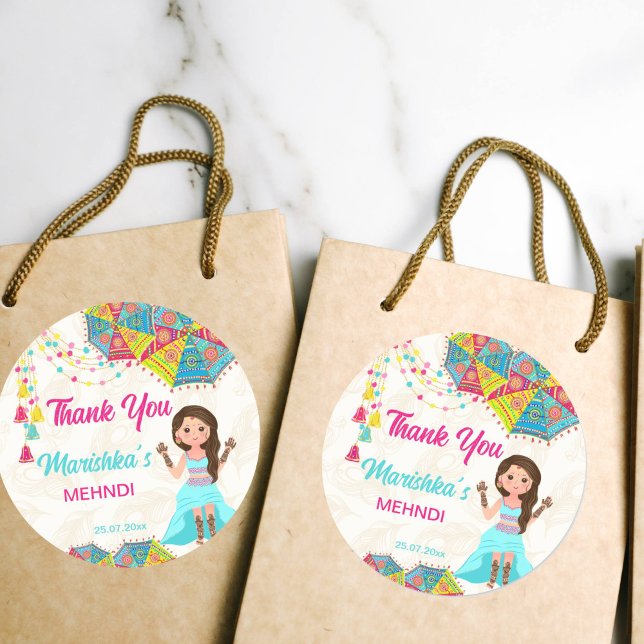 Adesivo Mehndi rosa azul fofo menina indiana obrigado favo (Mehndi favor stickers pink blue cute Indian girl thank you favor Classic Round Sticker )