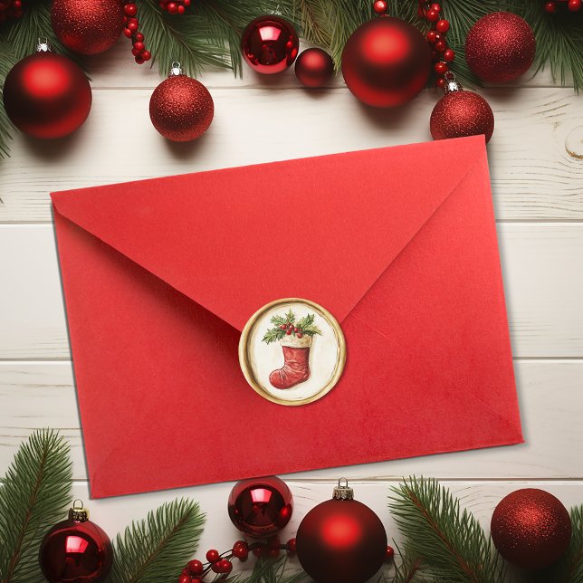 Adesivo Meia de Natal Azevinho Cera Falsa (Christmas Stocking Holly Faux Wax Classic Round Sticker)