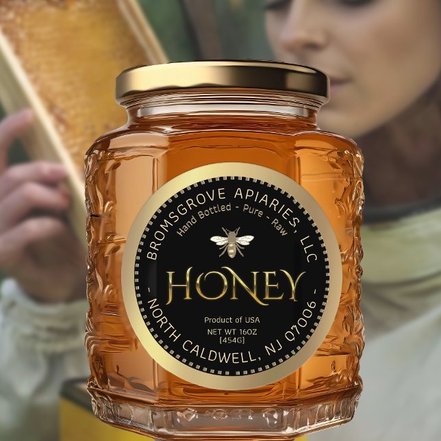 Adesivo Mel Dourado metálico a preto com abelha e borda (Criador carregado)