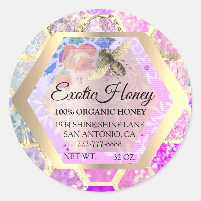 Adesivo Mel Jar Honeybee Honeycomb Glitter Rosa Apiary (Frente)
