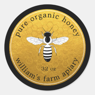 Adesivo Mel Jar Label Bee Dourado Honeycomb Preto