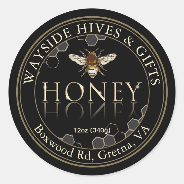 Adesivo Mel Label Bee and Honeycomb em Preto com Borda (Frente)
