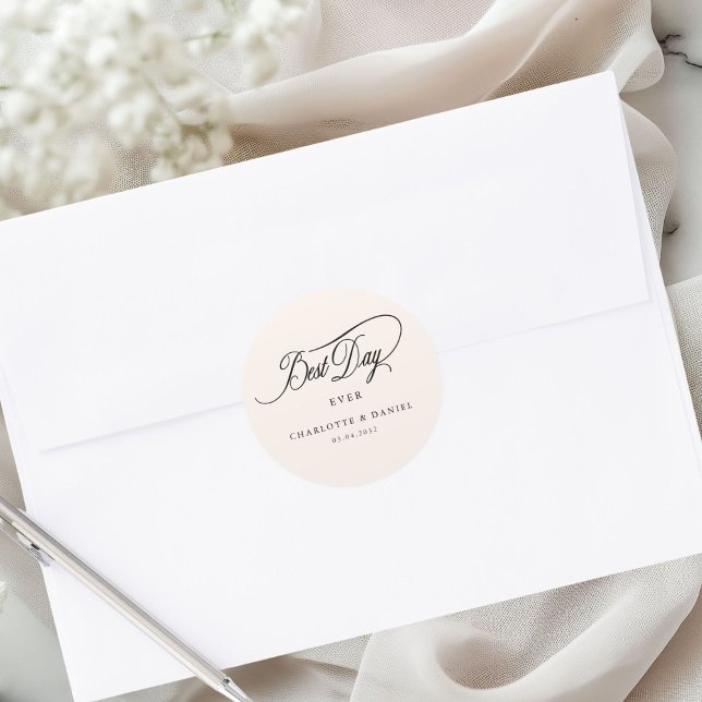 Adesivo MELHOR DIA DE TODOS! Elegante, Casamento (Personalized BEST DAY EVER! Elegant, Wedding Classic Round Sticker)
