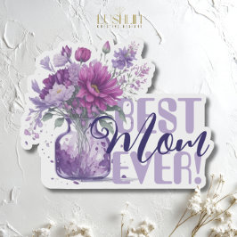 Adesivo Melhor Mãe do Mundo! Vaso de Flores Roxas Dia das 