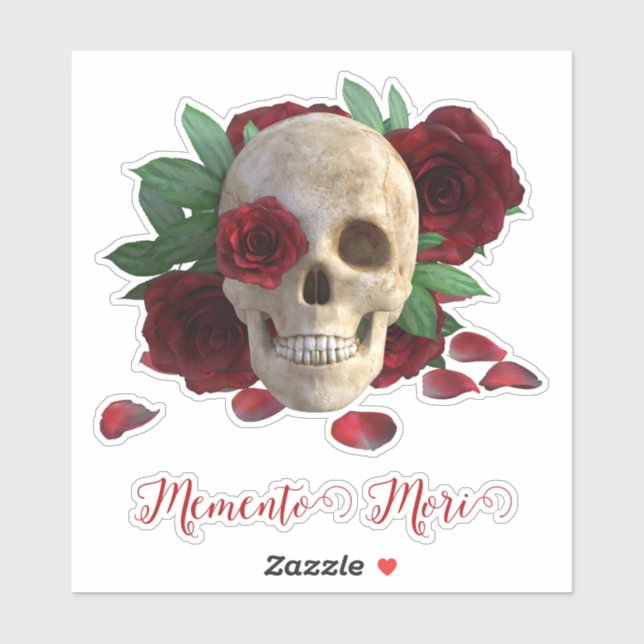 Adesivo Memento Mori. Caveira com rosas vermelhas (Folha)