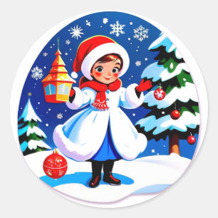 Adesivo Menina Alegre de Natal de Inverno com Casaco Branc