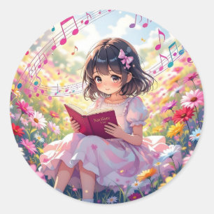 Adesivo Menina Anime Fofa Lendo um Livro