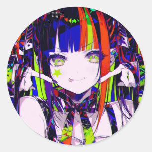 Adesivo Menina Anime Neon Glitchcore Estrela na Bochecha