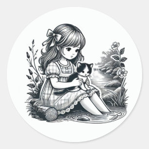 Adesivo Menina Antiga com Gatinho no Colo