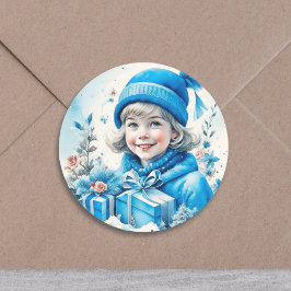 Adesivo Menina Antiga em Azul com Caixa de Presente e Flor