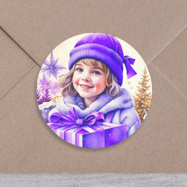 Adesivo Menina Antiga em Roxo com Caixa de Presente e Flor