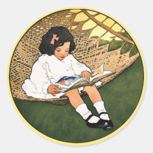 Adesivo Menina Antiga Lendo em uma Rede 