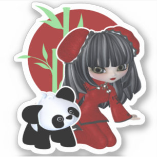 Adesivo Menina chinesa bonito com panda e bambu
