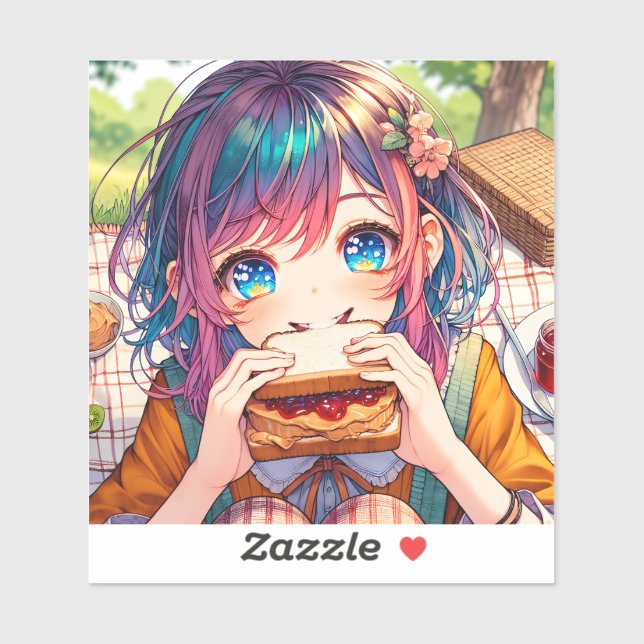 Adesivo Menina de Animação Bonita comendo uma Manteiga de  (Folha)