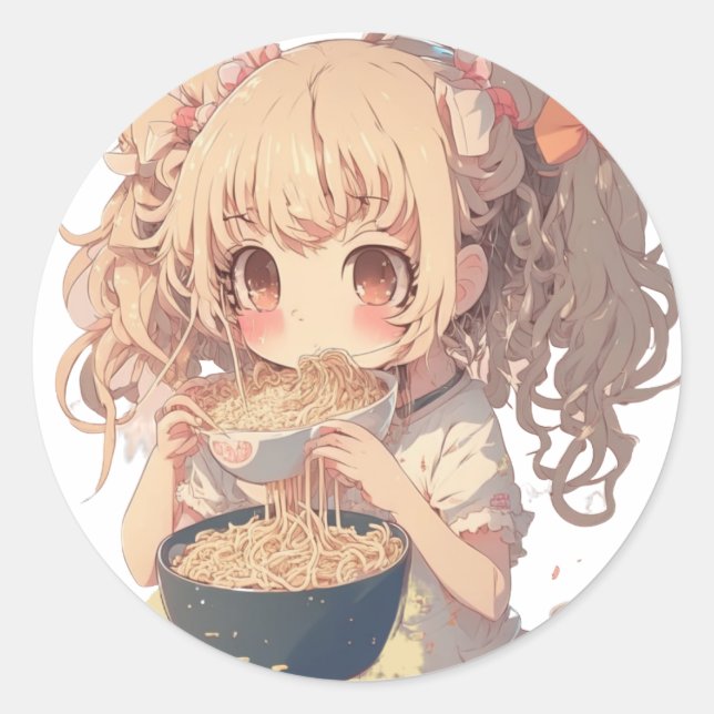 Adesivo Menina de Animação Comendo Ramen Noodles (Frente)