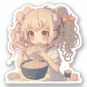 Adesivo Menina de Animação Comendo Ramen Noodles