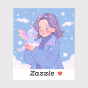 Adesivo Menina de animação Kawaii com dragão de bebê na ne