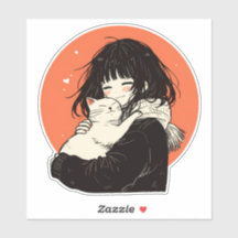 Menina de animação Kawaii com gato branco