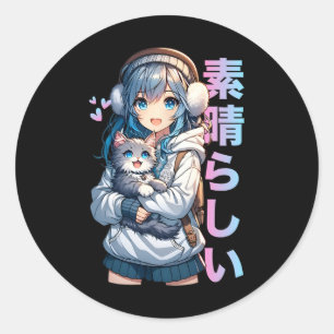 Adesivo Menina De Animo Bonita Com Um Gato Para O Prato Ka