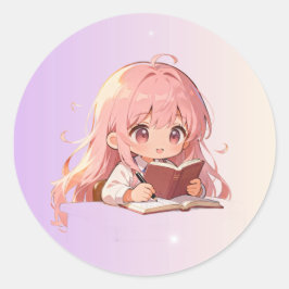 Adesivo Menina de desenho animado fofa escrevendo em um li