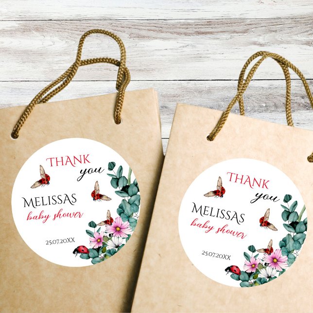 Adesivo Menina de insetos, chá de fraldas (Lady bug little lady spring summer girls baby shower thank you favor sticker)