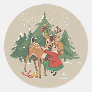 Adesivo Menina de Natal Retro e Rena Árvore Vintage 