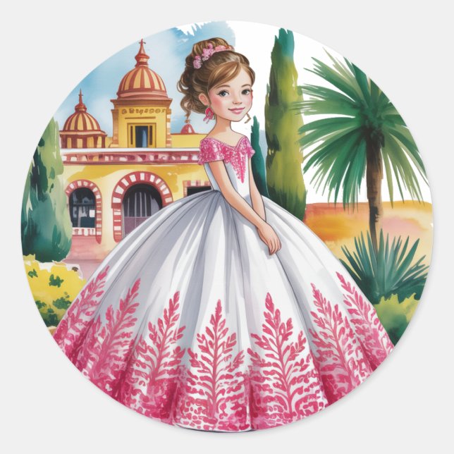 Adesivo Menina de Quinceañera, rosa e branca (Frente)