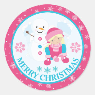 Adesivo Menina e Boneco de Neve de Natal Rosa e Azul