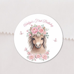 Adesivo Menina Fofa Cavalo Floral Rosa Primeiro Aniversári