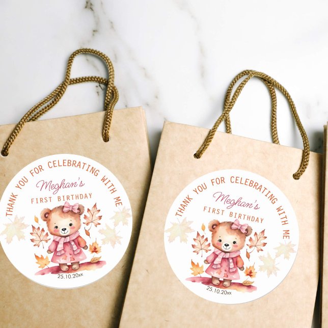 Adesivo Menina linda ursinho de outono obrigado de anivers (Cute teddy bear in a jacket birthday party favor  thank you sticker girls birthday pink fall theme)