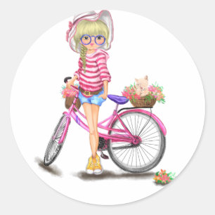 Adesivo Menina Loura-Gira com Bicicleta Rosa e Gato nas Fl
