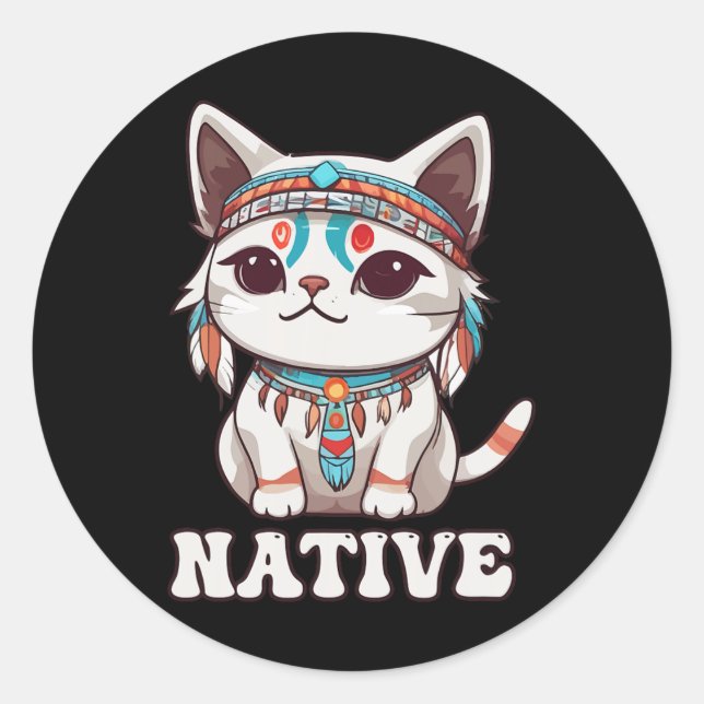 Adesivo Menina Nativa Nativa Americana de Gato Kawaii (Frente)