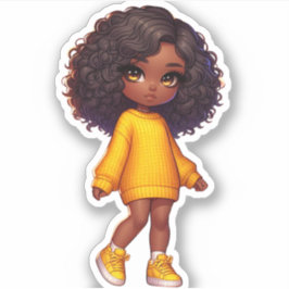Adesivo Menina negra bonito chibi em amarelo