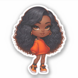 Adesivo Menina negra bonito chibi em laranja