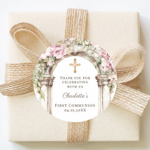 Adesivo Menina Primeira Comunhão Arco de Florais Rosa Cruz