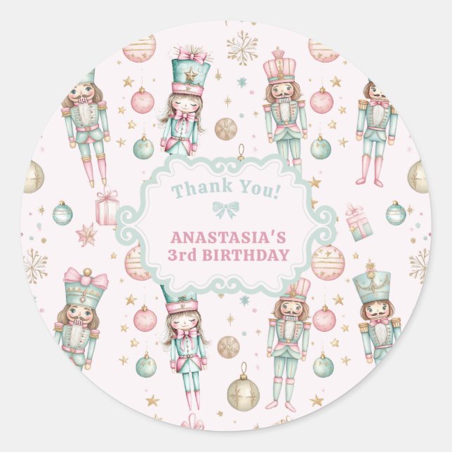 Adesivo Menina quebra-nozes rosa obrigado pelo aniversário (Frente)