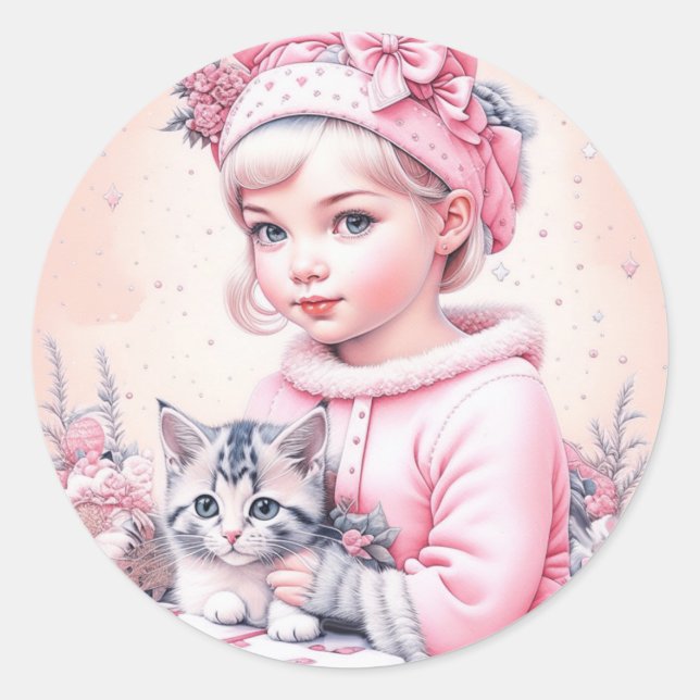 Adesivo Menina Vintage Rosa e Gatinho Natal (Frente)