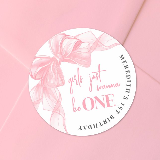 Adesivo Meninas do Laço Rosa 1º Aniversário (Pink Bow Girls 1st Birthday Classic Round Sticker )