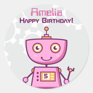 Adesivo Meninas Robô Rosa Feliz Aniversário