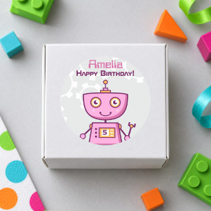 Adesivo Meninas Robô Rosa Feliz Aniversário