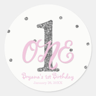 Adesivo Meninas Rosa & Prata ONE 1º Aniversário Favors